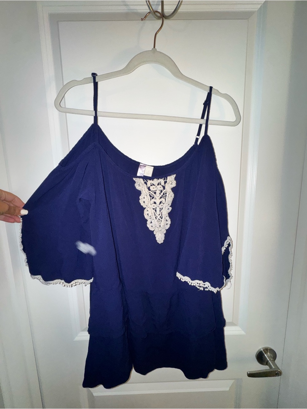 Alfani Navy Cold-Shoulder Camisole with Cream Lace Trim